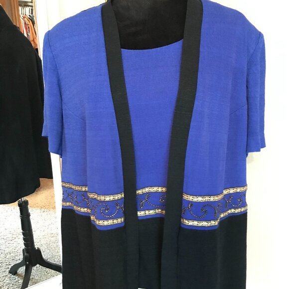 Vintage Blazer Tunic: 80s Blue & Black Jacket with Gold Trim, Plus Size 22WP - Picture 10 of 11